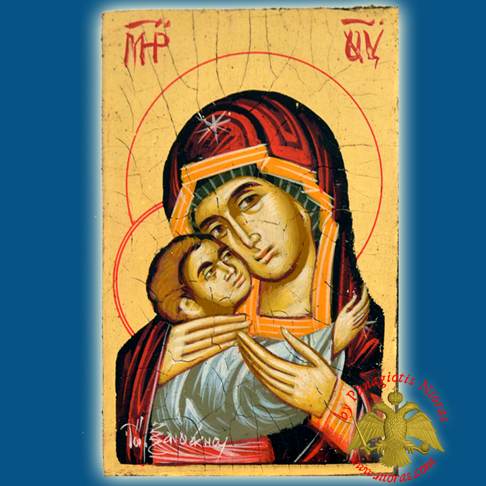 Orthodox Hand Painted Holy Icon Theotokos Sweet Kissing 14x18cm Golden BackGround on Old Natural Wood